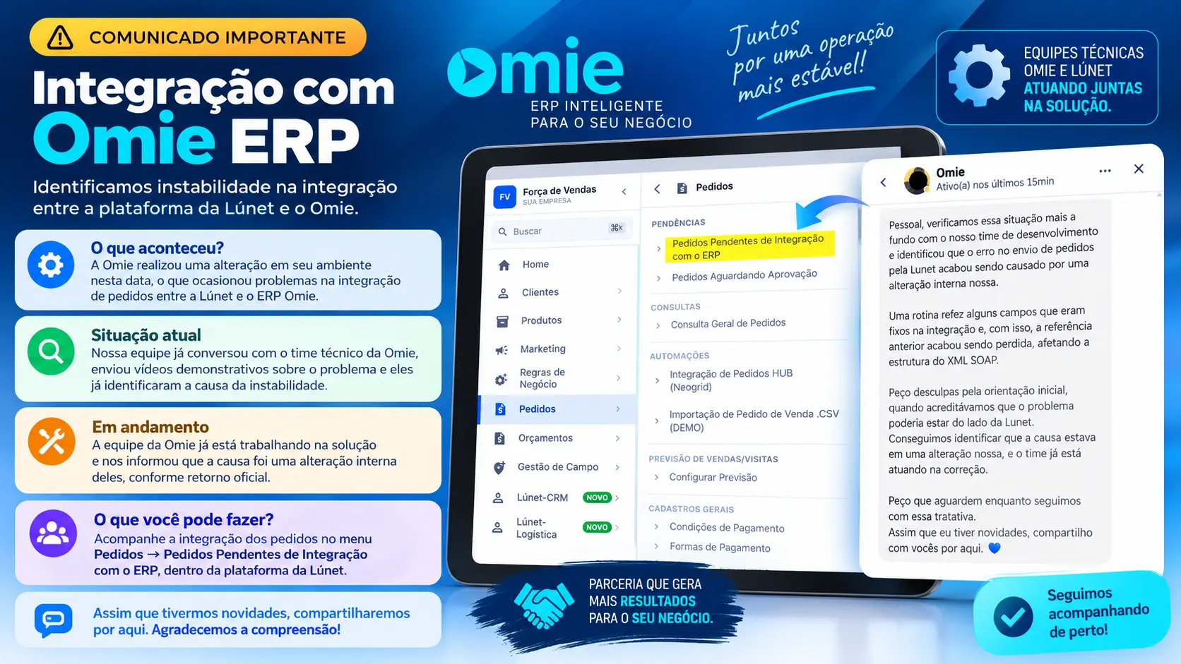 Instabilidade na integração com o Omie ERP 08/10/2026: acompanhe as atualizações