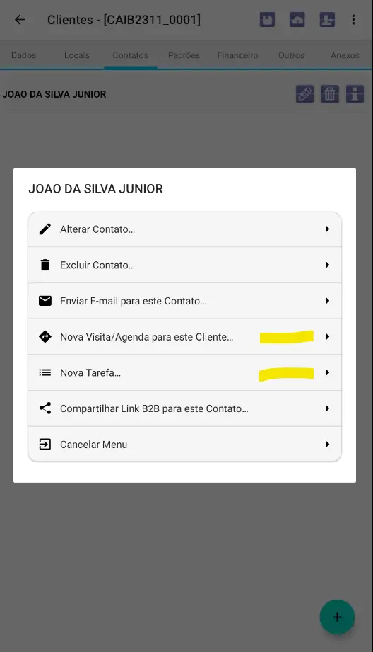 Atalhos para rotas e follow-ups nos contatos do cliente
