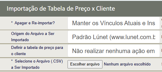 Importação de relação Cliente x Tabela de Preço via arquivo .CSV