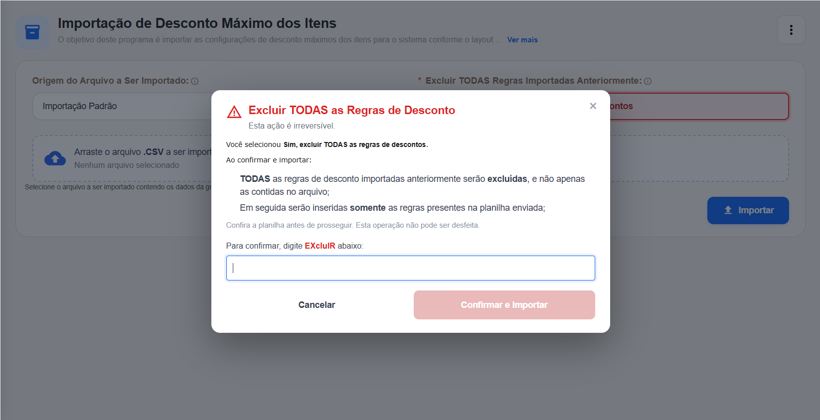 Confirmação reforçada para exclusão de regras em importações de dados