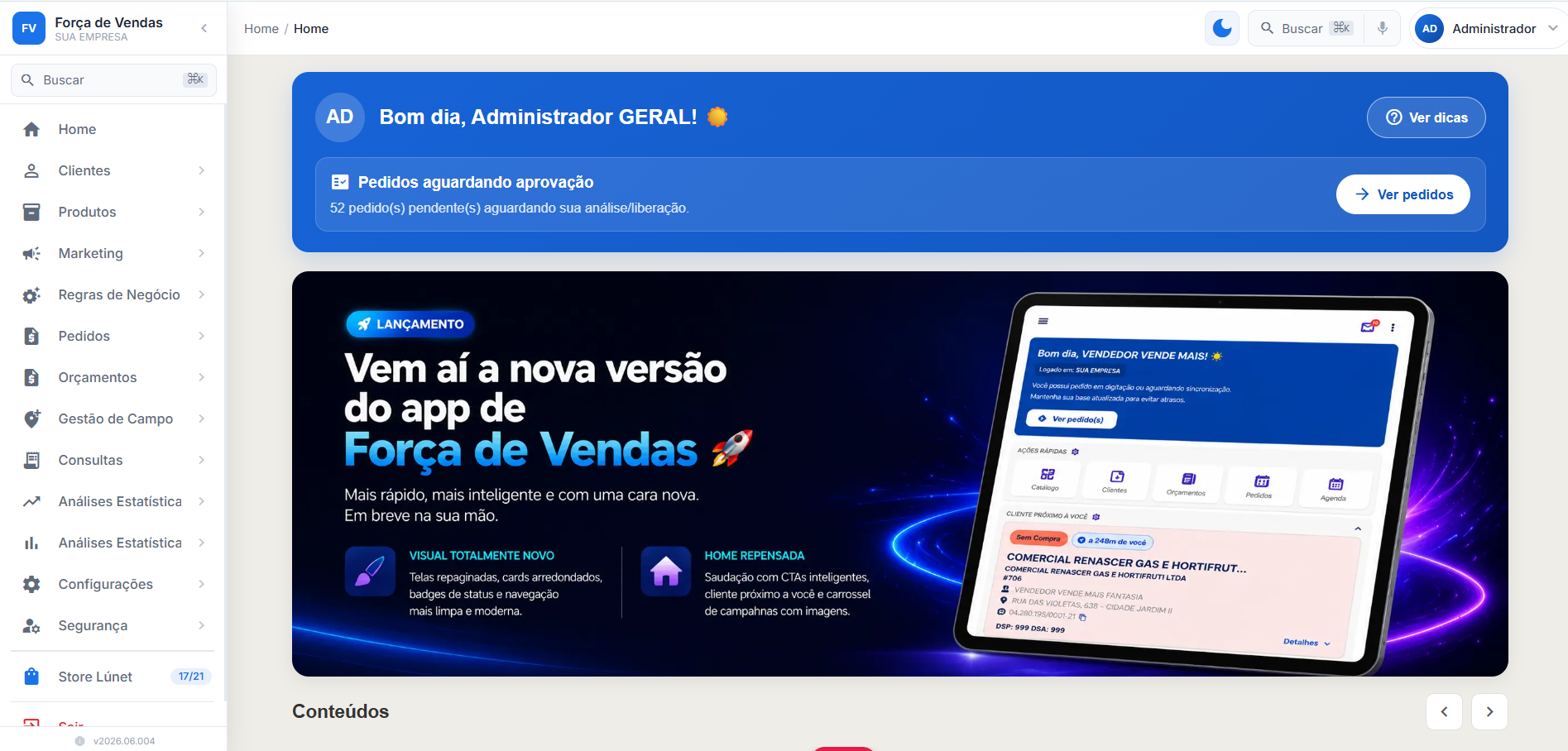 Banner informativo e promocional na home da Área de Administração